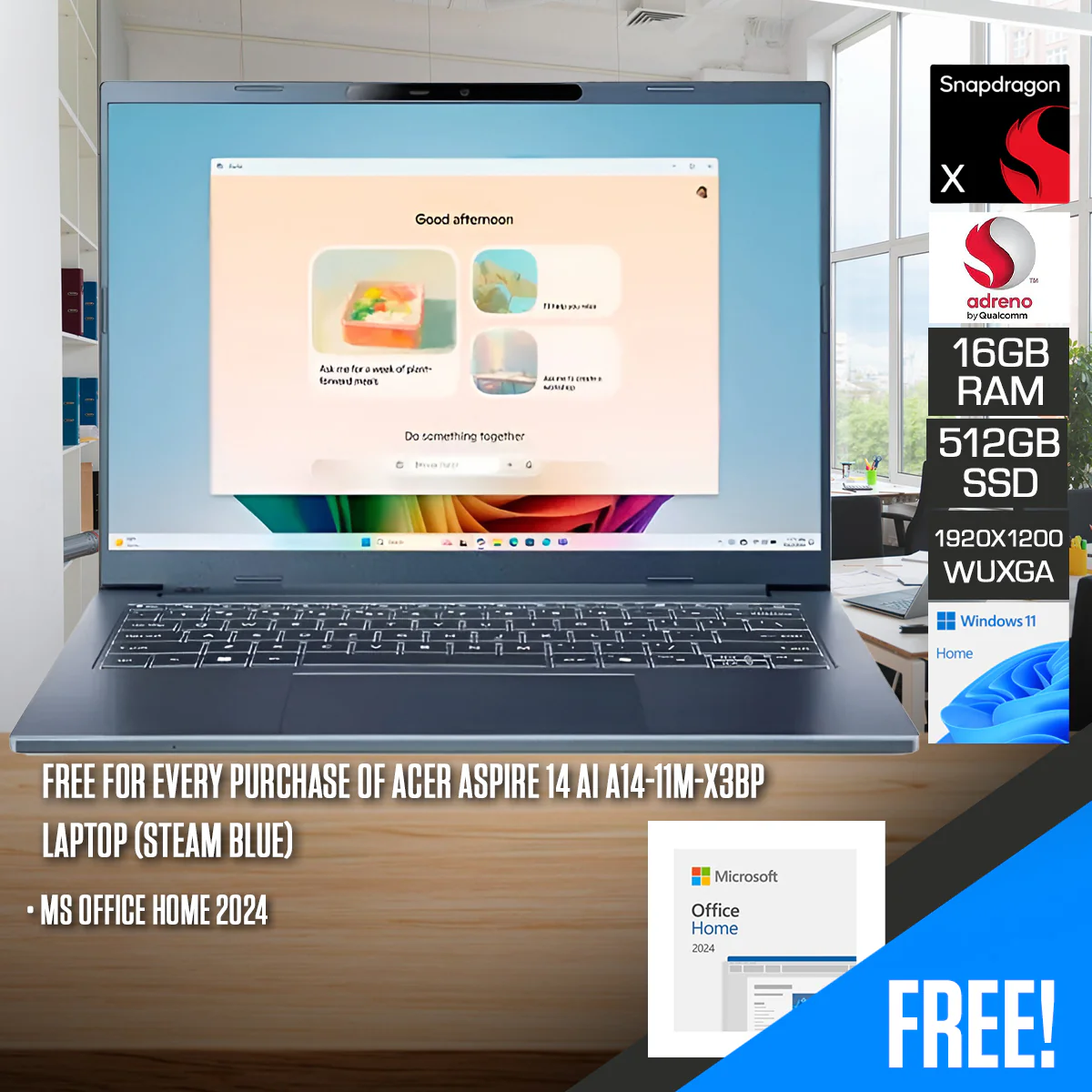 Acer Aspire 14 AI A14-11M-X3BP Laptop (Steam Blue) | 14" WUXGA (1920x1200) IPS | Snapdragon X1-26-100 | 16GB RAM | 512GB SSD | Qualcomm Adreno GPU | Windows 11 Home | MS Office Home 2024