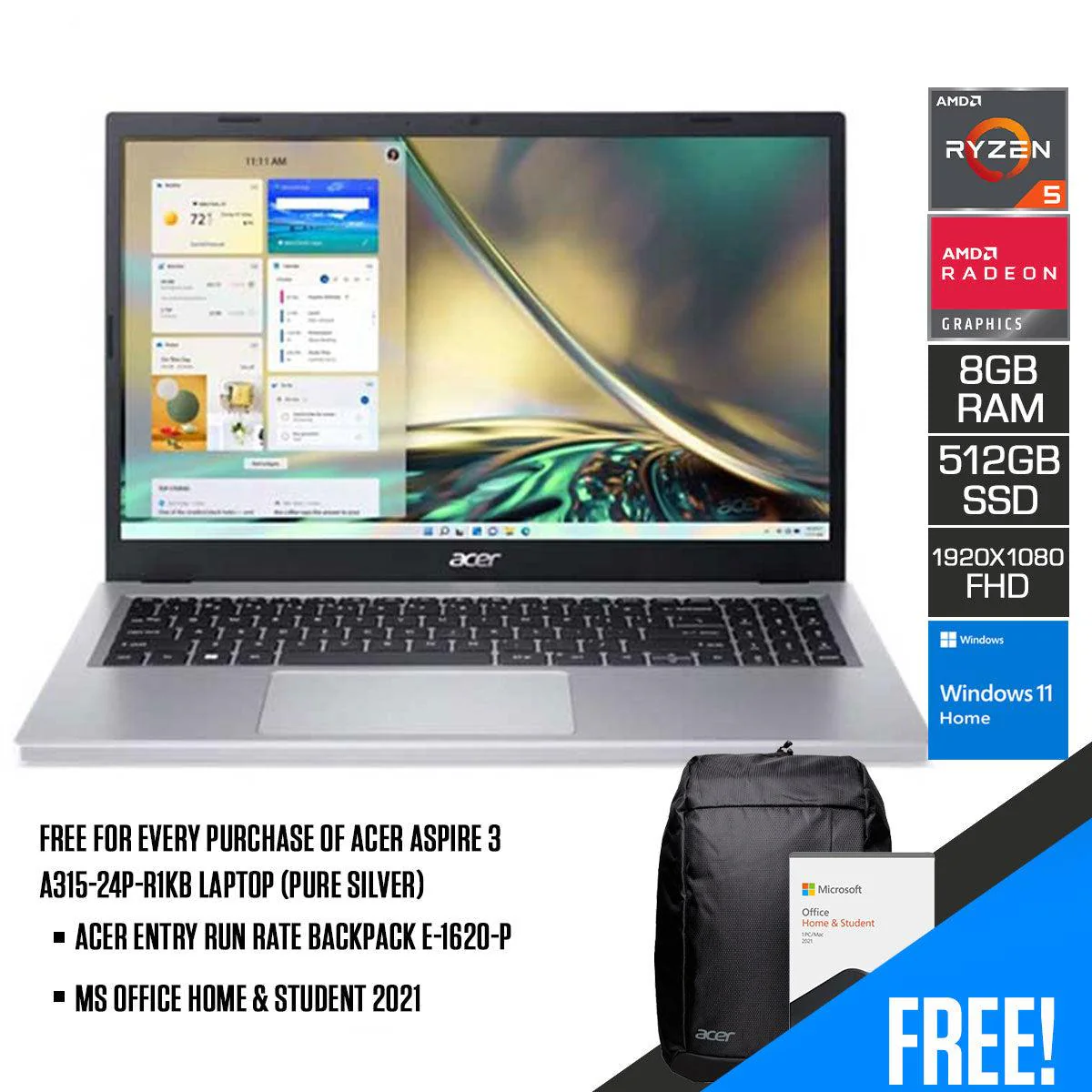 Acer Aspire 3 A315-24P-R1KB Laptop (Pure Silver) | 15.6" FHD | Ryzen 5 7520U | 8GB DDR5 | 512GB SSD | AMD Radeon Graphics | Windows 11 Home | MS Office Home & Student 2021 | Acer Entry Run Rate Backpack E-1620-P (LZBPKM6B12)
