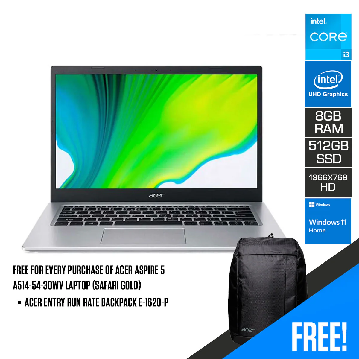 Acer Aspire 5 A514-54-30WV Laptop (Safari Gold) | 14" HD (1366x768) | Core i3 1115G4 | 8GB DDR4 | 512GB SSD | Intel UHD Graphics | Windows 11 Home | Acer Entry Run Rate Backpack E-1620-P