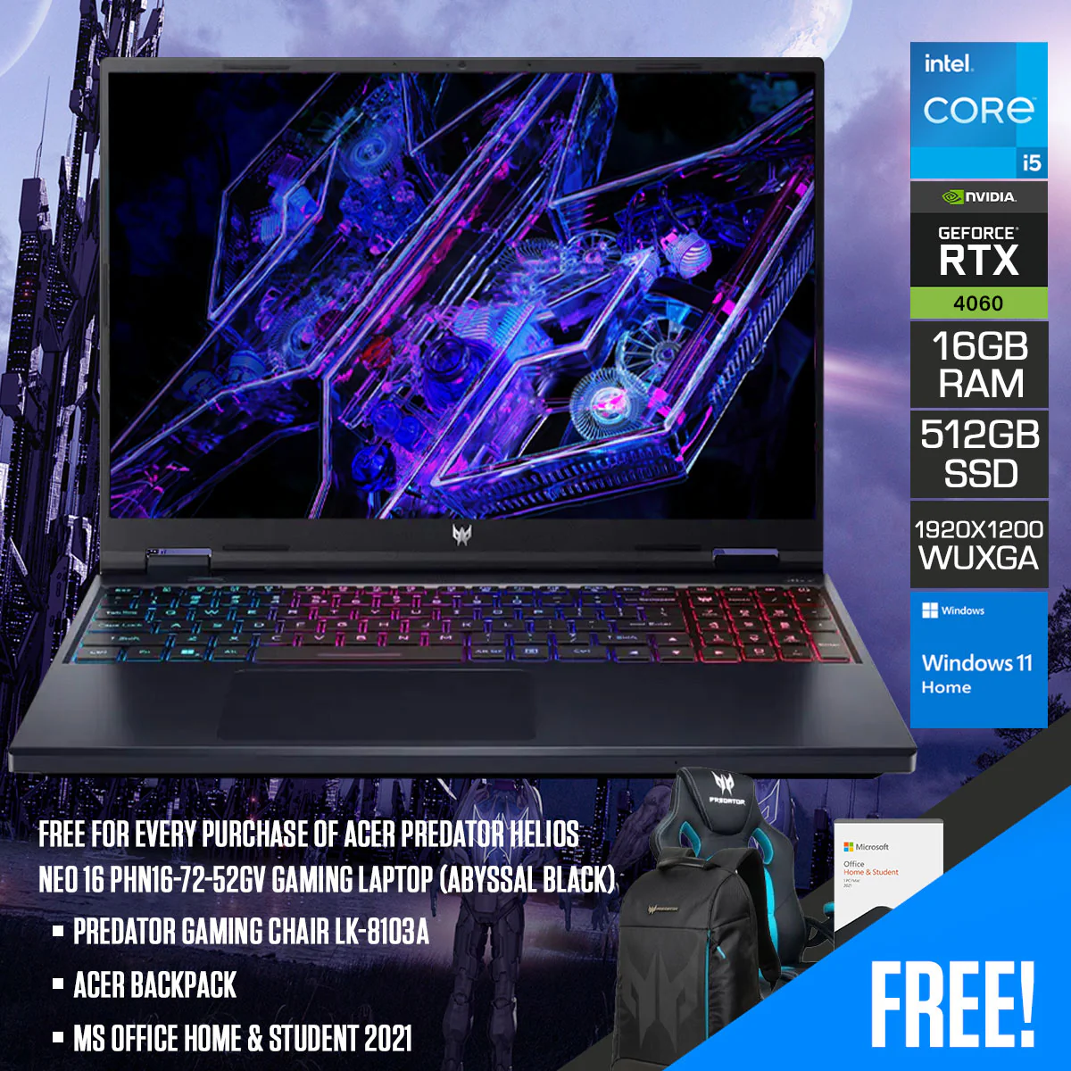 Acer Predator Helios Neo 16 PHN16-72-52GV Gaming Laptop (Abyssal Black) | 16" WUXGA (1920x1200) IPS 165Hz | i5-14500HX | 16GB RAM | 512GB SSD | RTX 4060 | Windows 11 Home | MS Office Home & Student 2021 | Acer Backpack | Predator Gaming Chair LK-8103A
