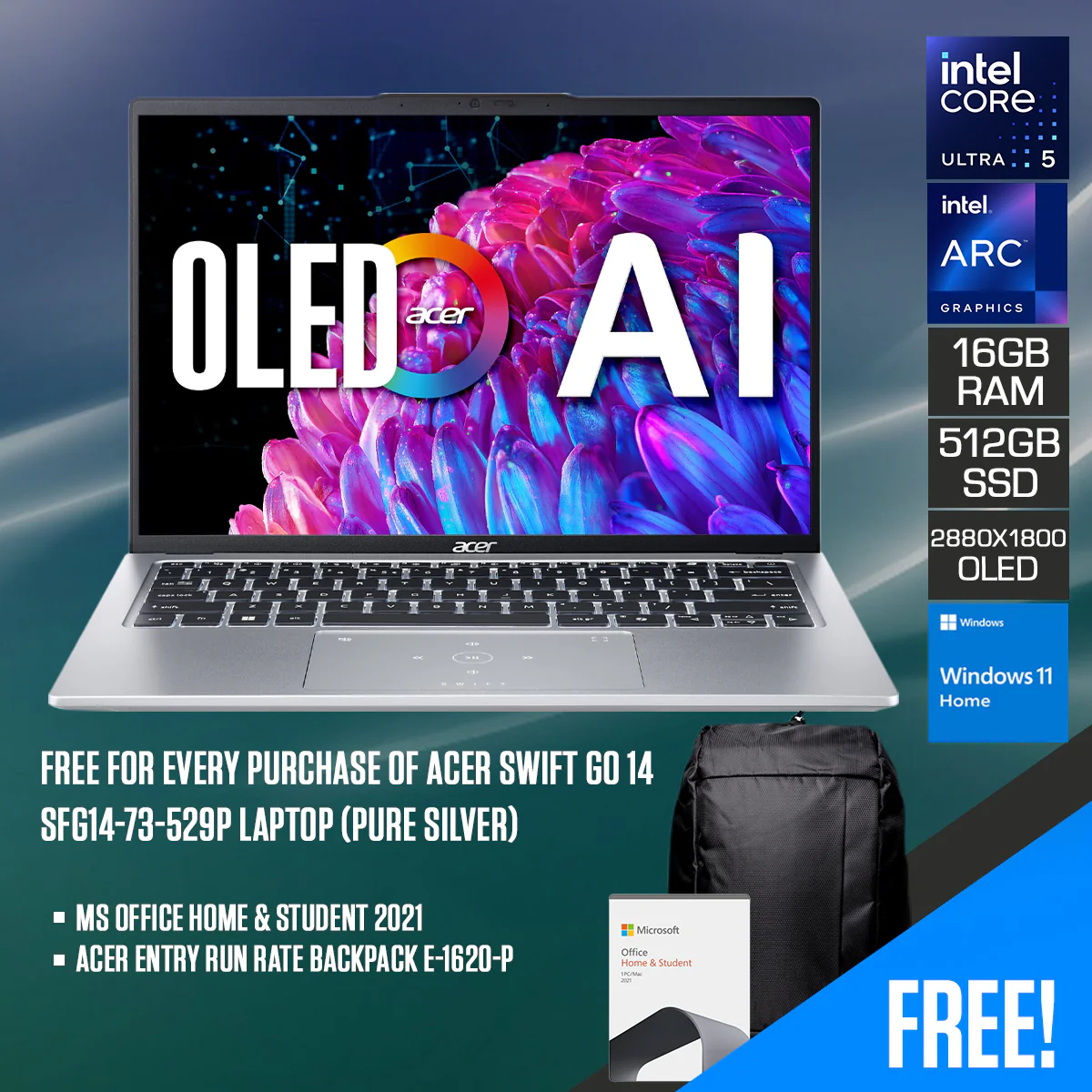 Acer Swift Go 14 SFG14-73-529P Laptop (Pure Silver) | 14" OLED WQXGA+ (2880x1800) | Ultra 5 125H | 16GB RAM | 512GB SSD | Intel Arc Graphics | Windows 11 Home | MS Office Home & Student 2021 | Acer Entry Run Rate Backpack E-1620-P