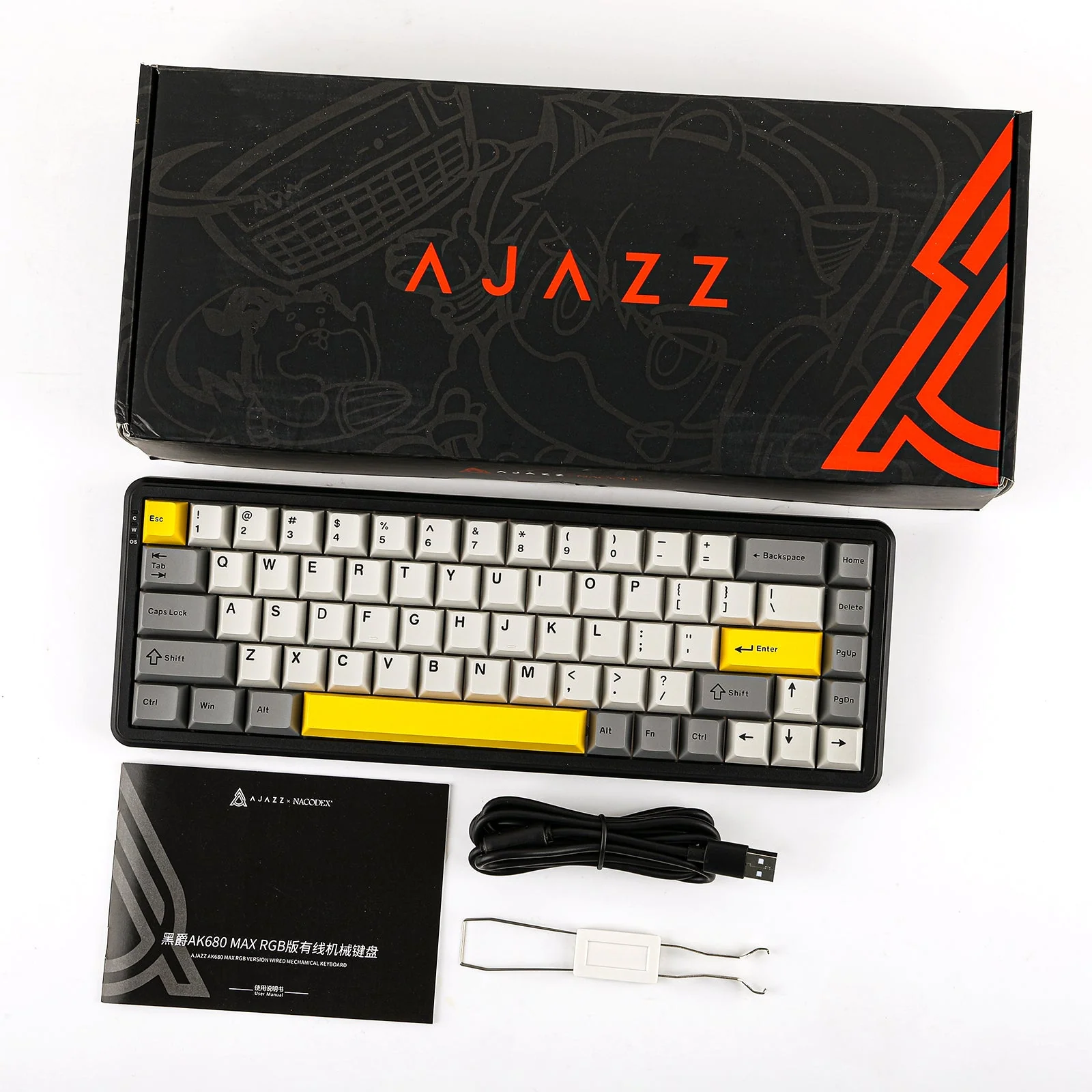 Ajazz AK680 Max RGB Tri-Mode 68-Keys Aluminum Positioning Plate Gasket-Mounted South Facing (1K Wireless + 8K Wired) Polling Rate Hot Swappable Mechanical Keyboard (Black/Grey/Yellow) (Magnetic Grain Switch) - Image 11