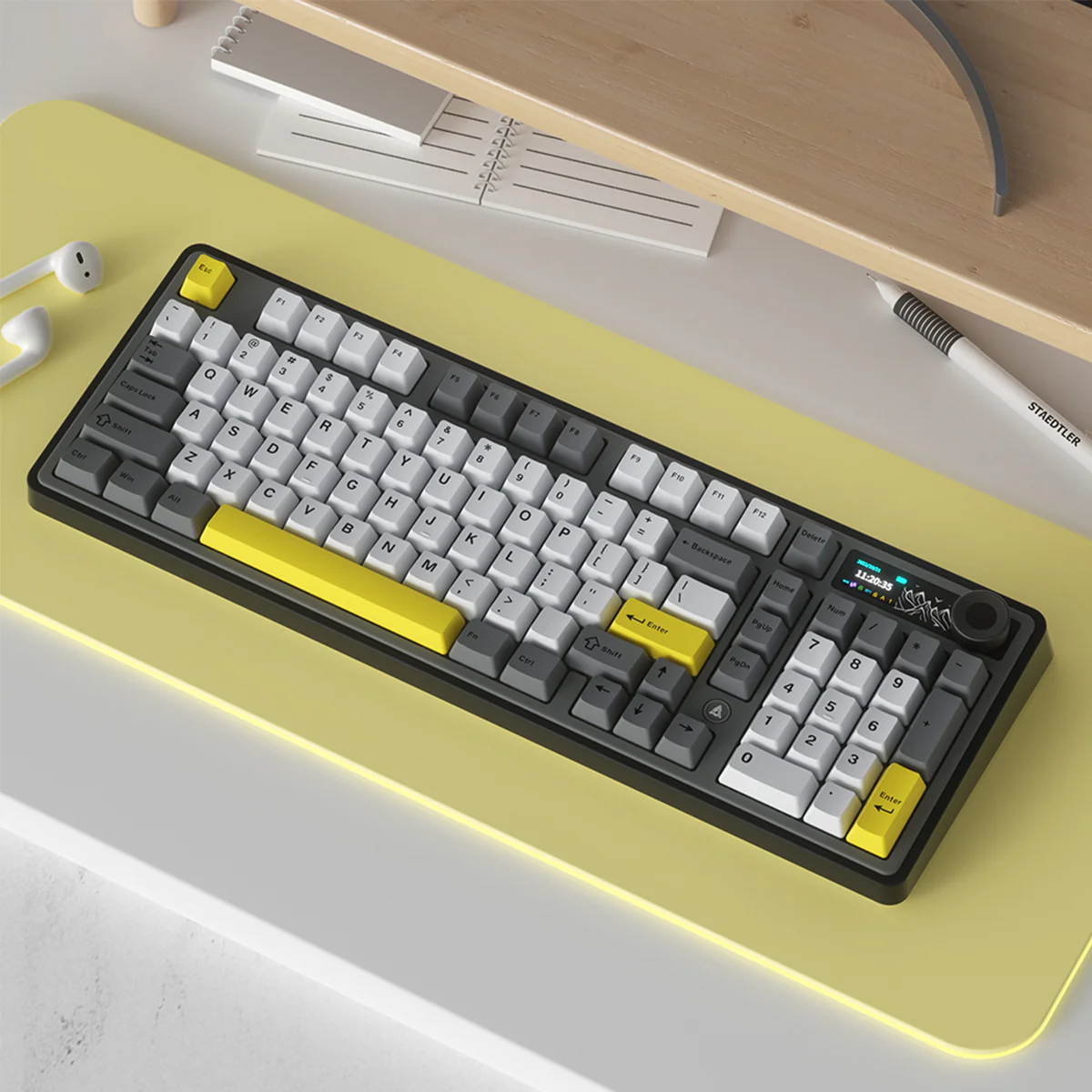Ajazz AK980 RGB Tri-Mode 98% 97-Keys Gasket-Mounted Hot-Swappable Mechanical Keyboard with 1.14" TFT Display Screen & Knob (Black/Grey/Yellow) (Maillard Switch, Gift Switch V2) - Image 16