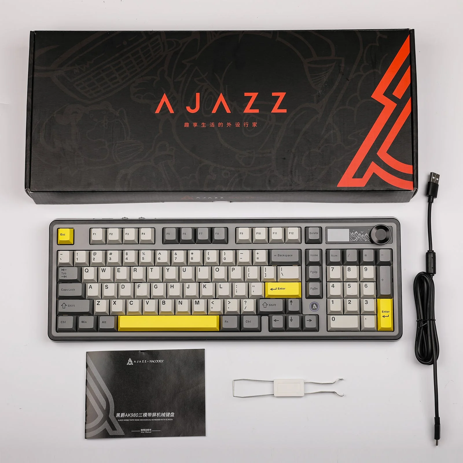 Ajazz AK980 RGB Tri-Mode 98% 97-Keys Gasket-Mounted Hot-Swappable Mechanical Keyboard with 1.14" TFT Display Screen & Knob (Black/Grey/Yellow) (Maillard Switch, Gift Switch V2) - Image 17