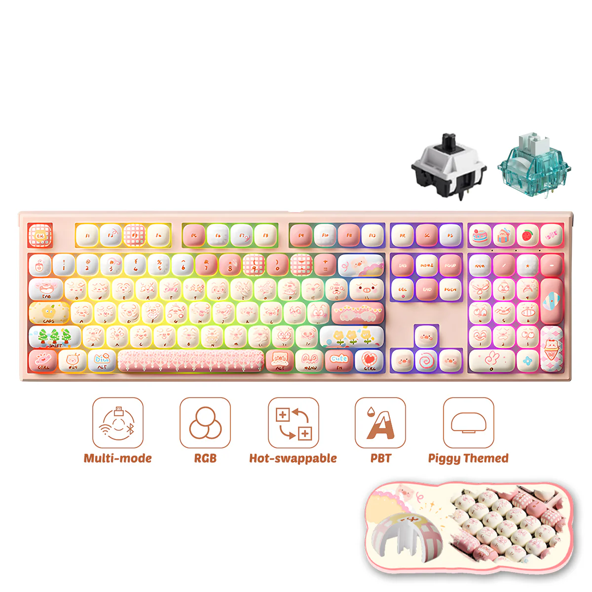 Akko x MonsGeek MG108B Piggy Party Multi-Mode RGB Hot-Swappable Mechanical Keyboard (Akko V3 Piano Pro Switch, Akko Creamy Cyan Switch)
