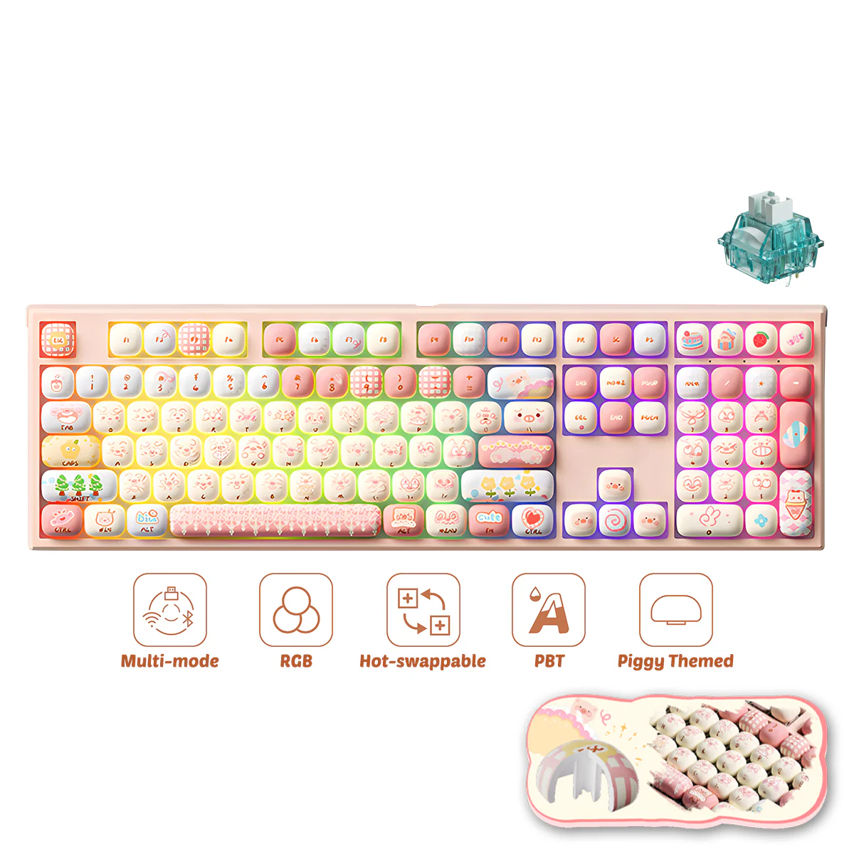 Akko x MonsGeek MG108B Piggy Party Multi-Mode RGB Hot-Swappable Mechanical Keyboard (Akko V3 Piano Pro Switch, Akko Creamy Cyan Switch) - Image 3