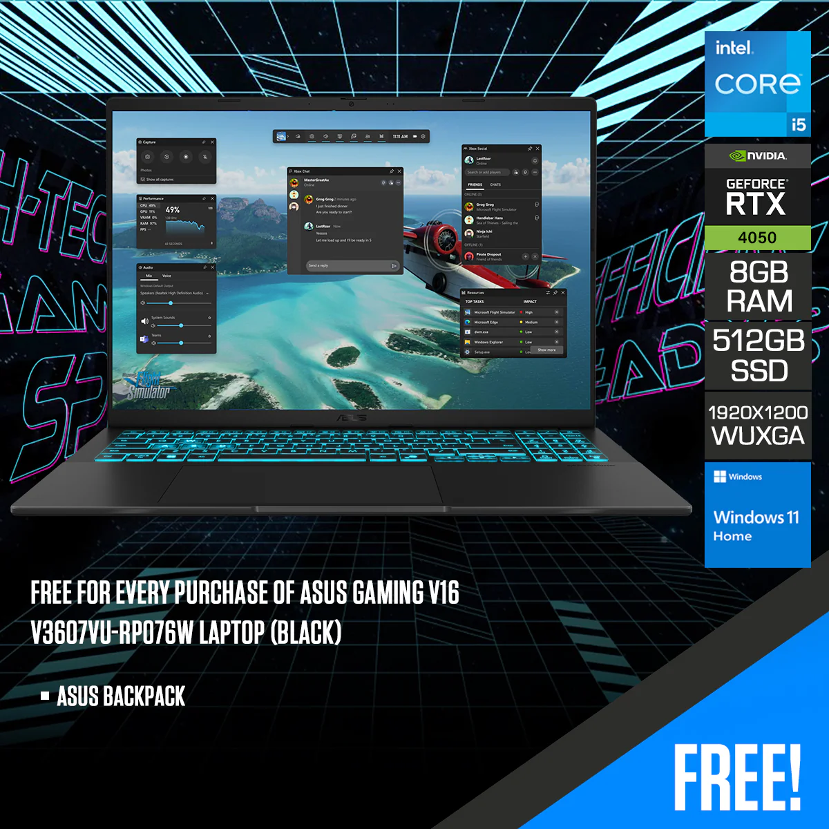 Asus Gaming V16 V3607VU-RP076W Laptop (Black) |16" WUXGA (1920x1200) 144Hz | Intel Core 5 210H | 8GB RAM | 512GB SSD | RTX 4050 | Windows 11 Home | Asus Backpack