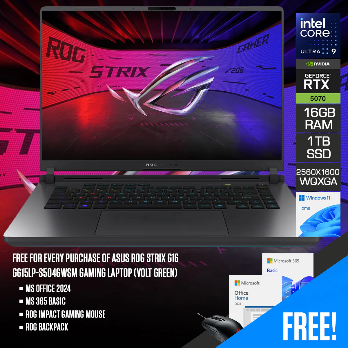 Asus ROG Strix G16 G615LP-S5046WSM Gaming Laptop (Volt Green) | 16" 2.5K (2560x1600) 240Hz IPS | Core Ultra 9 275HX | 16GB RAM | 1TB SSD | RTX 5070 | Windows 11 Home | MS Office 2024 + MS 365 Basic + ROG Impact Gaming Mouse + ROG Backpack