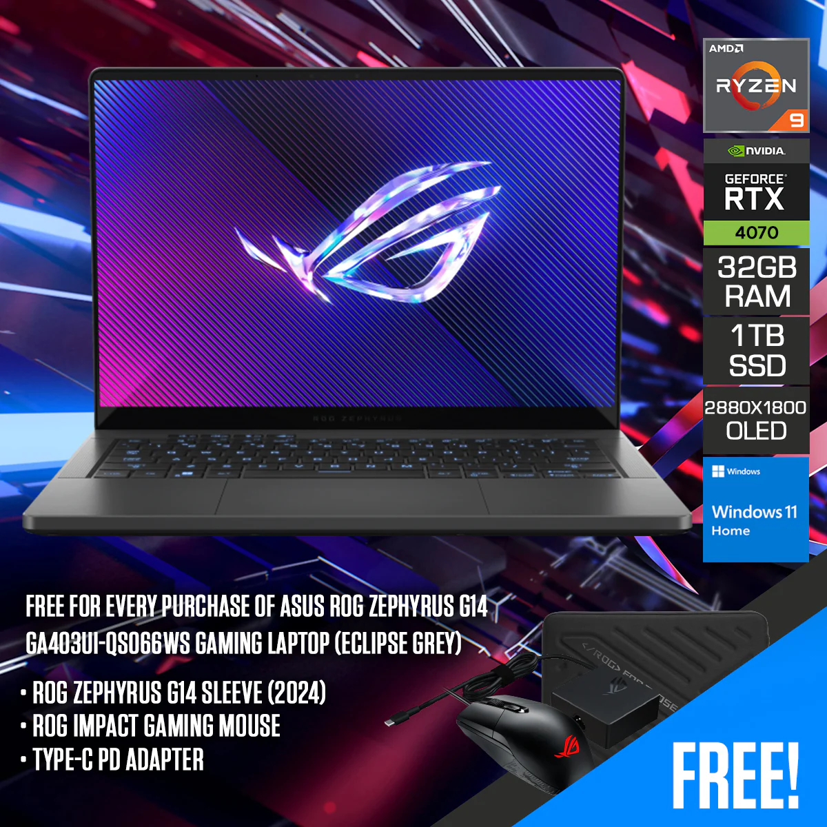 Asus ROG Zephyrus G14 GA403UI-QS066WS Gaming Laptop (Eclipse Grey) | 14" 3K (2880x1800) OLED 120Hz | R9-8945HS |32GB RAM | 1TB SSD | RTX 4070 | Windows 11 Home | ROG Zephyrus G14 Sleeve (2024) | ROG Impact Gaming Mouse | Type-C	 PD Adapter
