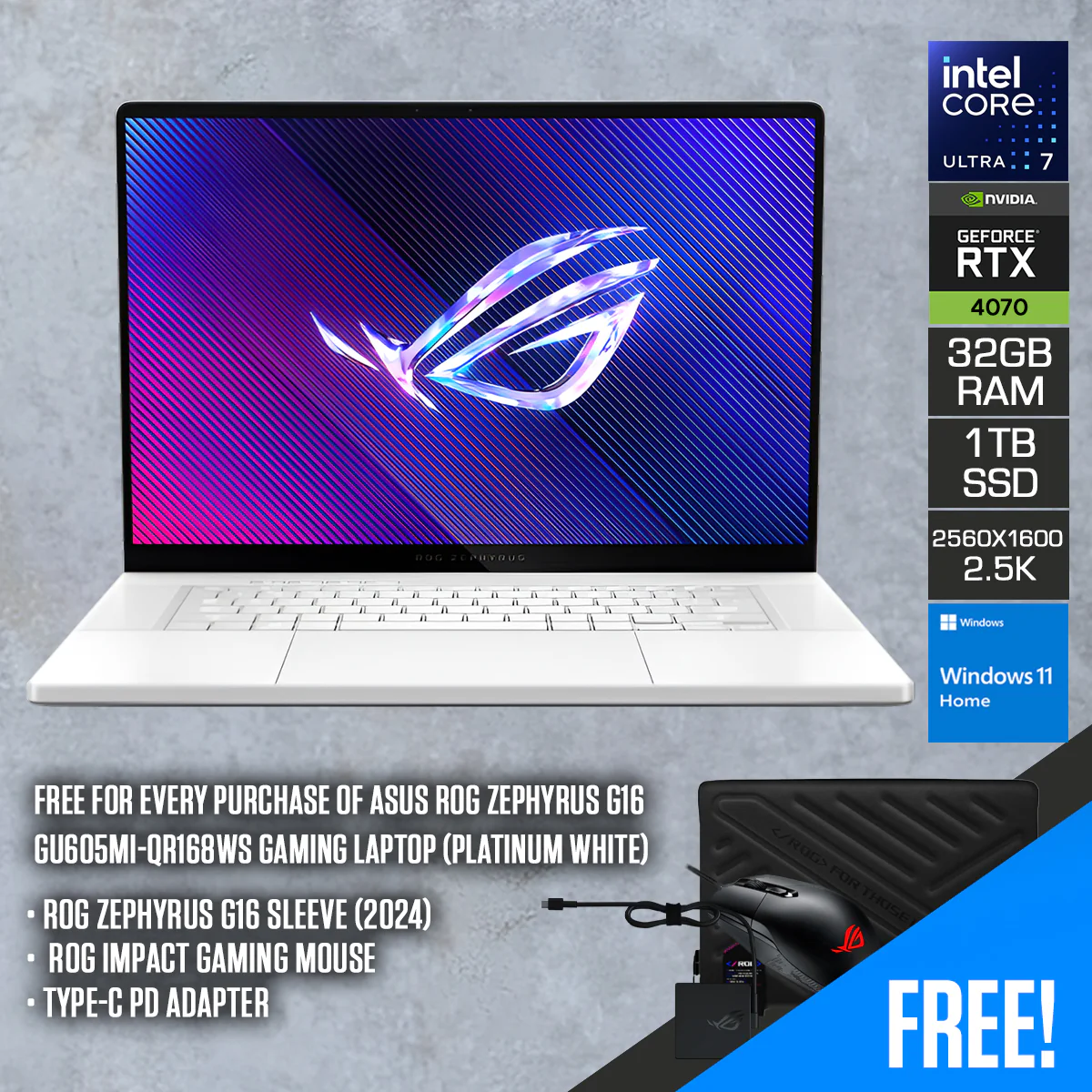 Asus ROG Zephyrus G16 GU605MI-QR168WS Gaming Laptop (Platinum White) | 16" 2.5K (2560x1600) WQXGA OLED 240Hz | i7-Ultra 155H | 32GB RAM | 1TB SSD | RTX 4070 | Win 11 Home | ROG Zephyrus G16 Sleeve (2024) | ROG Impact Gaming Mouse | Type-C PD Adapter