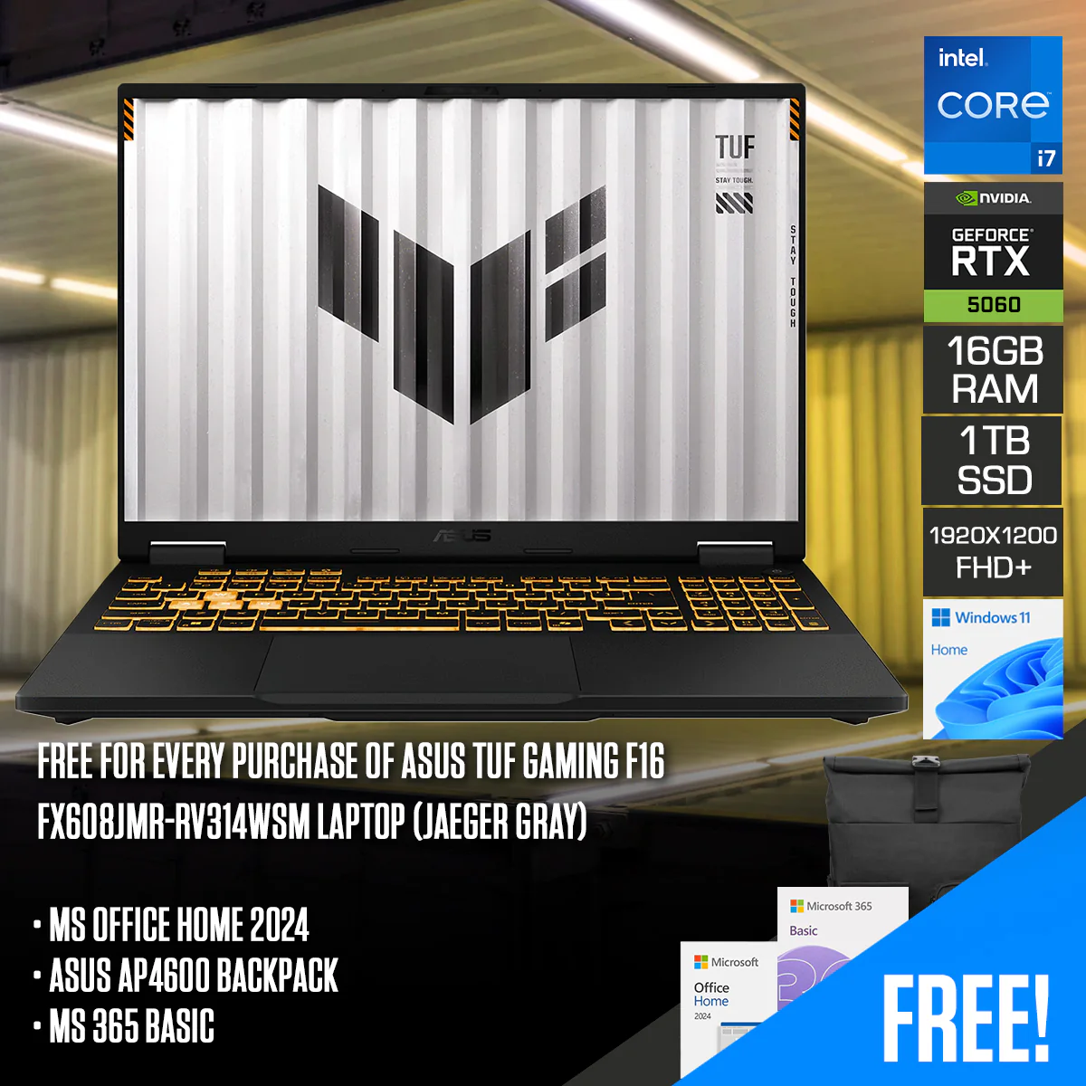 ASUS TUF Gaming F16 FX608JMR-RV314WSM Laptop (Jaeger Gray) | 16" FHD+ (1920x1200) 165Hz IPS | Core i7-14650HX | 16GB RAM | 1TB SSD | RTX 5060 | Windows 11 Home | MS Office Home 2024 + MS 365 Basic + ASUS VP4700 Backpack
