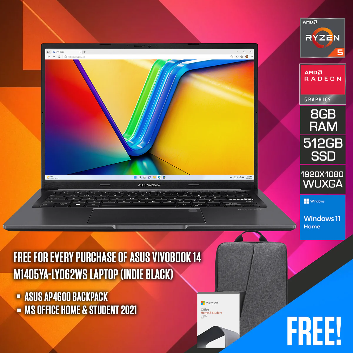 Asus Vivobook 14 M1405YA-LY062WS Laptop (Indie Black) | 14” WUXGA (1920x1200) | Ryzen 5 7530U | 8GB RAM | 512GB SSD | AMD Radeon Graphics | Windows 11 Home | MS Office Home & Student 2021  | Asus AP4600 Backpack