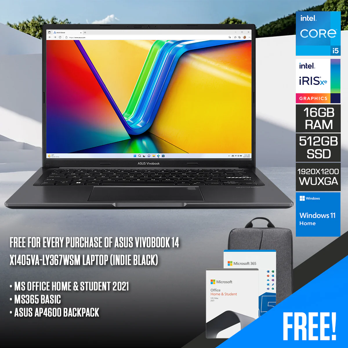 Asus Vivobook 14 X1405VA-LY367WSM Laptop (Indie Black) | 14" WUXGA (1920 x 1200) IPS | i5-1335U | 16GB RAM | 512GB SSD | Intel Iris Xe | Windows 11 Home | MS Office Home & Student 2021 + MS 365 Basic + Asus AP4600 Backpack