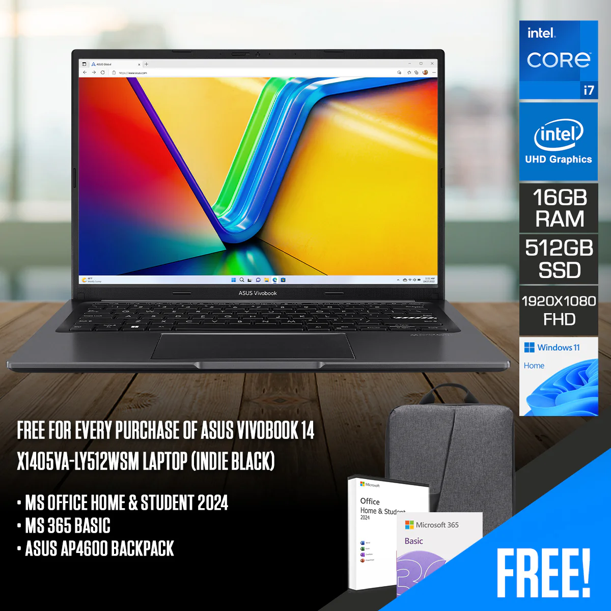 Asus Vivobook 14 X1405VA-LY512WSM Laptop (Indie Black) | 14" FHD (1920x1080) | i7-13620U | 16GB RAM | 512GB SSD | Intel UHD Graphics | Windows 11 Home | MS Office Home & Student 2024 + MS 365 Basic + Asus AP4600 Backpack