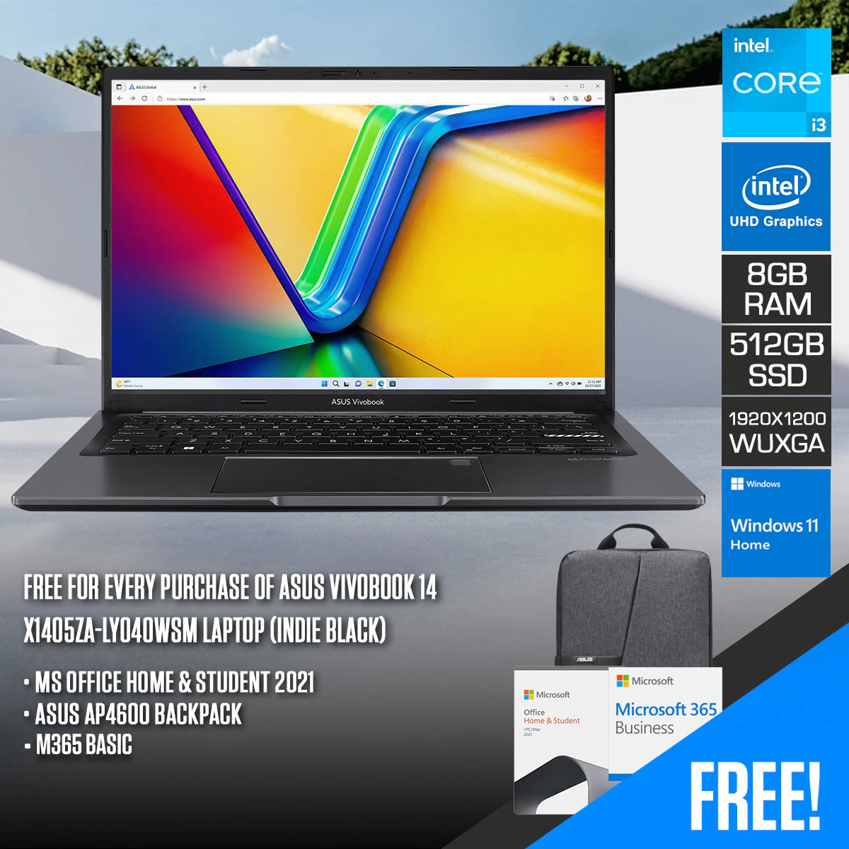 Asus Vivobook 14 X1405ZA-LY040WSM Laptop (Indie Black) | 14" IPS WUXGA (1920x1200) | Intel i3-1215U | 8GB RAM | 512GB SSD | Intel UHD Graphics | Windows 11 Home | MS Office Home & Student 2021 + M365 Basic + Asus AP4600 Backpack