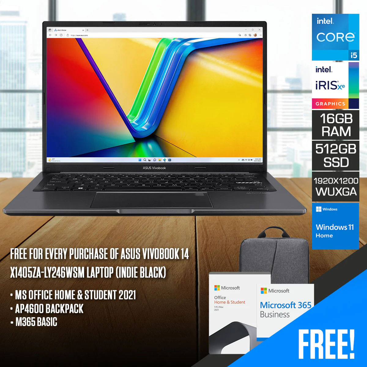 Asus Vivobook 14 X1405ZA-LY246WSM Laptop (Indie Black) | 14" WUXGA (1920x1200) IPS | i5-1235U | 16GB RAM | 512GB SSD | Intel Iris Xe Graphics | MS Office Home & Student 2021 + AP4600 Backpack