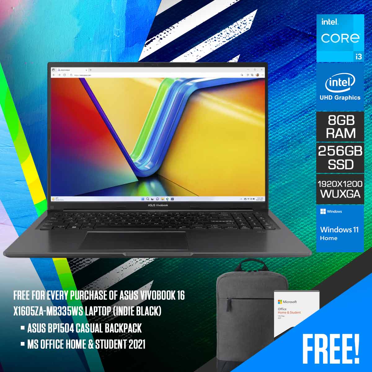 Asus Vivobook 16 X1605ZA-MB335WS Laptop (Indie Black) | 16.0-inch, WUXGA (1920 x 1200) | i3-1215U | 8GB RAM | 256GB SSD | Intel® UHD Graphics | Windows 11 Home | MS Office Home & Student 2021 | Asus BP1504 Casual Backpack