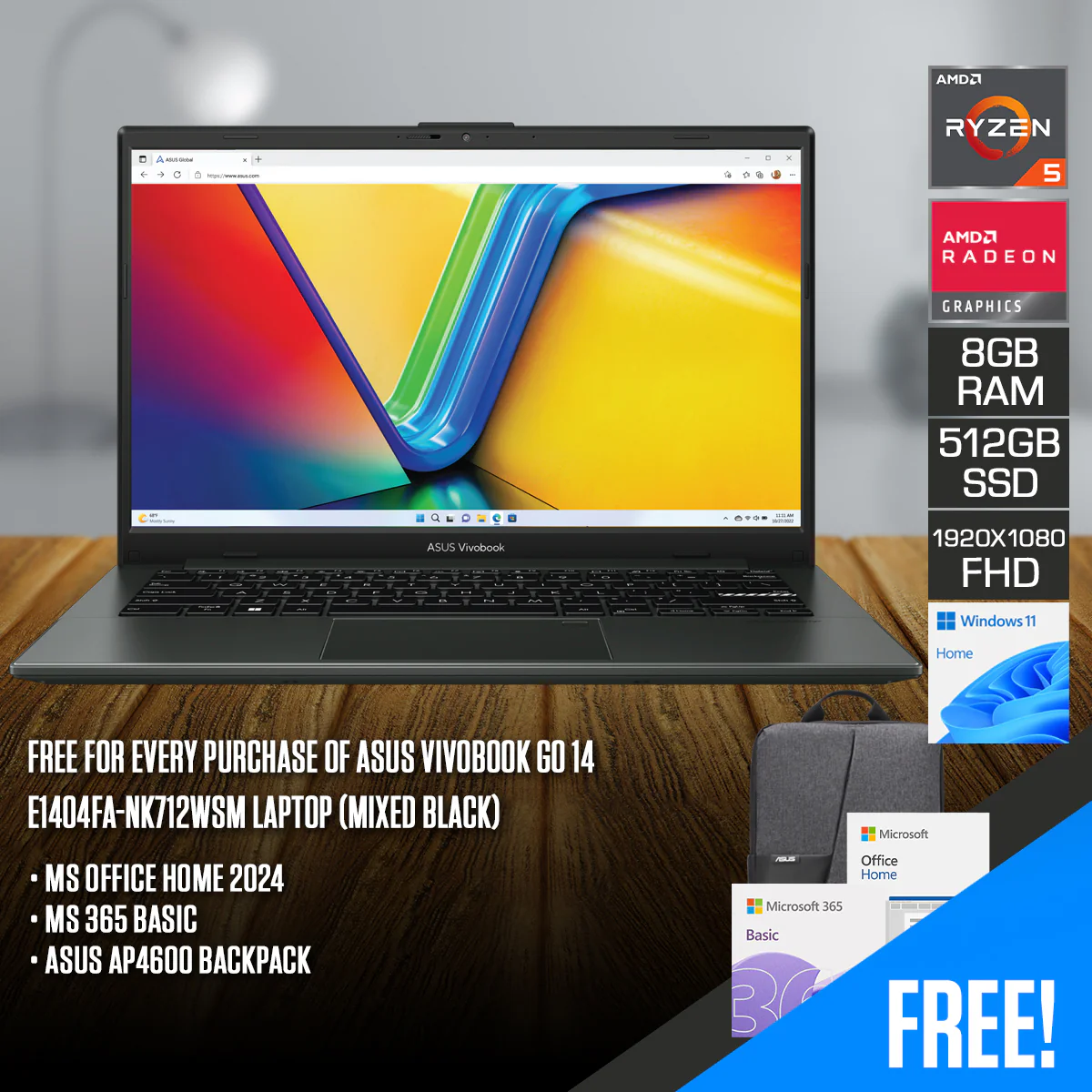 Asus Vivobook Go 14 E1404FA-NK712WSM Laptop (Mixed Black) | 14" FHD (1920x1080) | Ryzen 5 7520U | 8GB RAM | 512GB SSD | AMD Radeon Graphics | Windows 11 Home | MS Office Home 2024 + MS 365 Basic + Asus AP4600 Backpack
