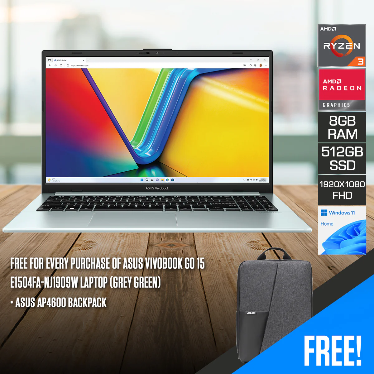 Asus Vivobook Go 15 E1504FA-NJ1909W Laptop (Grey Green) | 15.6" FHD (1920x1080) | Ryzen 3-7320U | 8GB RAM | 512GB SSD | AMD Radeon Graphics | Windows 11 Home | Asus AP4600 Backpack