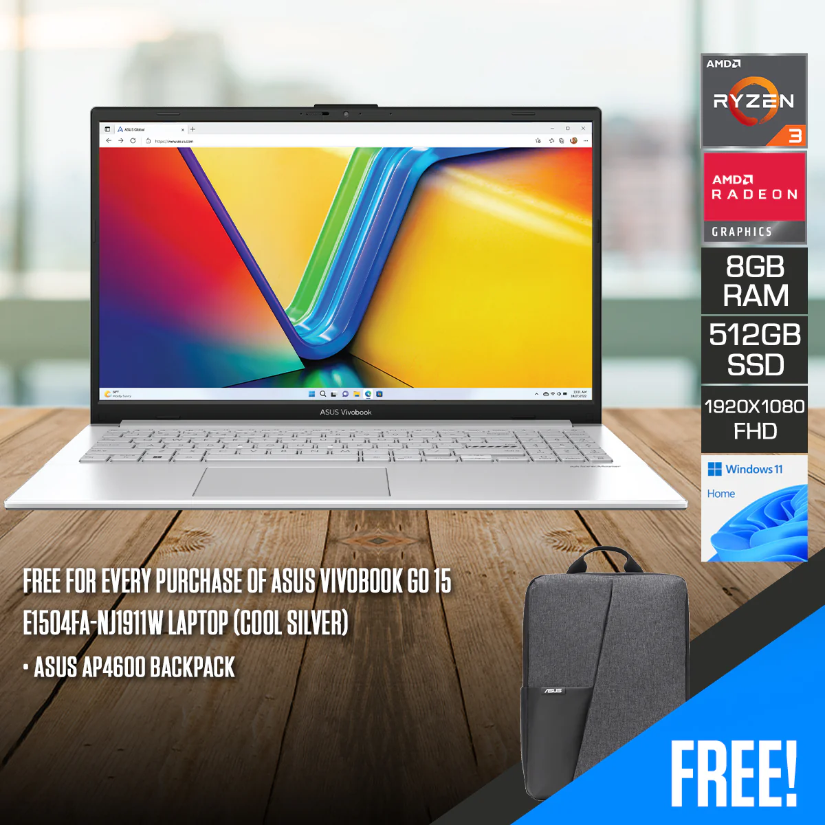 Asus Vivobook Go 15 E1504FA-NJ1911W Laptop (Cool Silver) | 15.6" FHD (1920x1080) | Ryzen 3-7320U | 8GB RAM | 512GB SSD | AMD Radeon Graphics | Windows 11 Home | Asus AP4600 Backapack