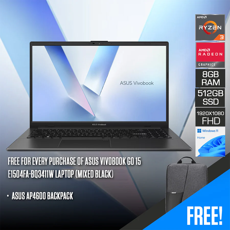ASUS Vivobook Go 15 E1504FA-BQ3411W Laptop (Mixed Black) | 15.6" FHD (1920x1080) IPS | Ryzen 3 30 | 8GB RAM | 512GB SSD | AMD Radeon Graphics | Windows 11 Home | ASUS AP4600 Backpack