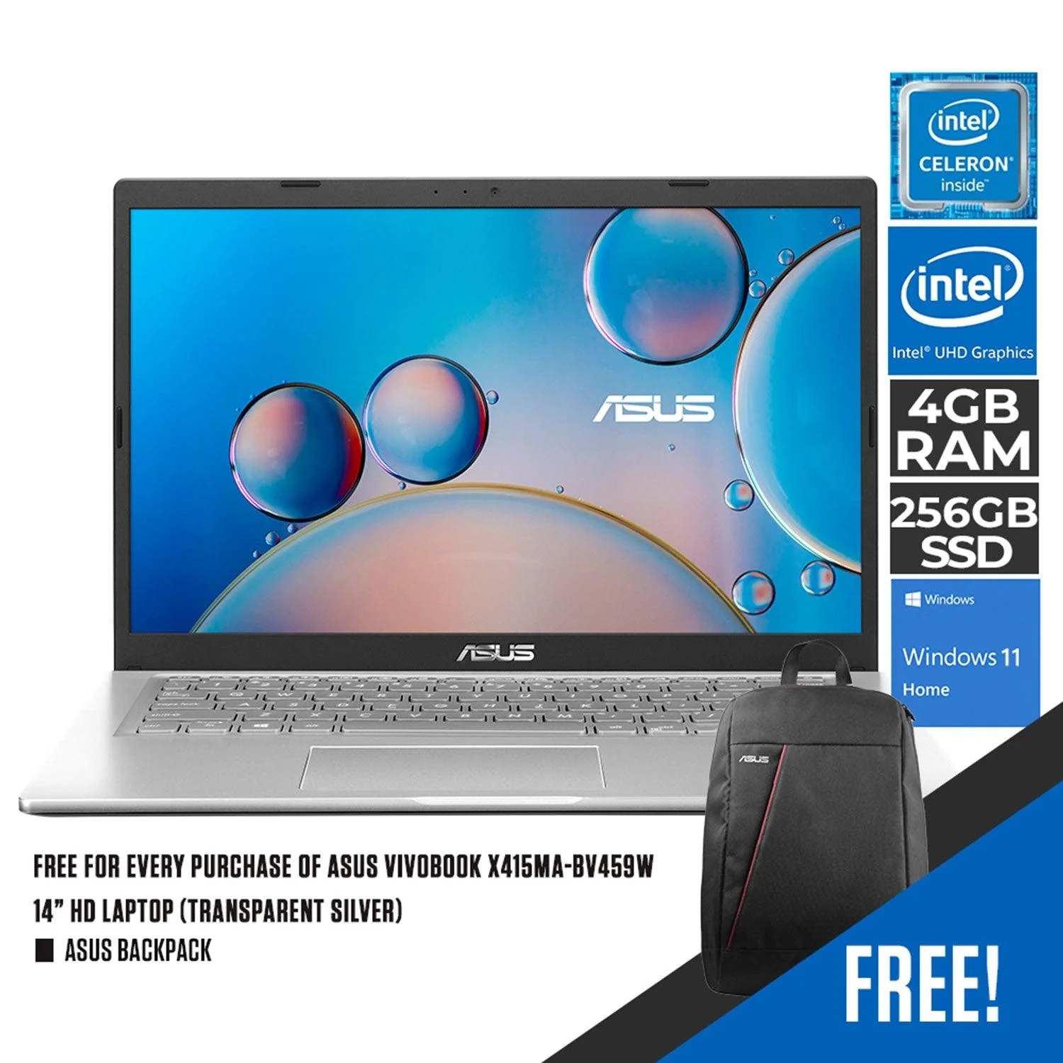 ASUS VIVOBOOK X415MA-BV459W LAPTOP (TRANSPARENT SILVER) | 14” HD | Celeron® N4020 | 4GB DDR4 | 256GB SSD | INTEL UHD | WIN11 + ASUS BACKPACK