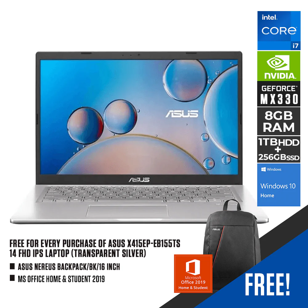 ASUS X415EP-EB155TS LAPTOP (TRANSPARENT SILVER) | 14" FHD | i7-1165G7 | 8GB DDR4 | 1TB SSD | MX330 | WIN10 + MS OFFICE HOME & STUDENT 2019 + ASUS NEREUS BACKPACK (BLACK)