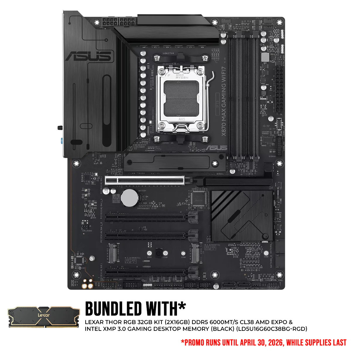 ASUS X870 Max Gaming WiFi7 DDR5 AMD Motherboard + Lexar Thor RGB 32GB Kit (2x16GB) DDR5 6000MT/s CL38 AMD Expo & Intel Xmp 3.0 Gaming Desktop Memory (Black) (LD5U16G60C38BG-RGD)