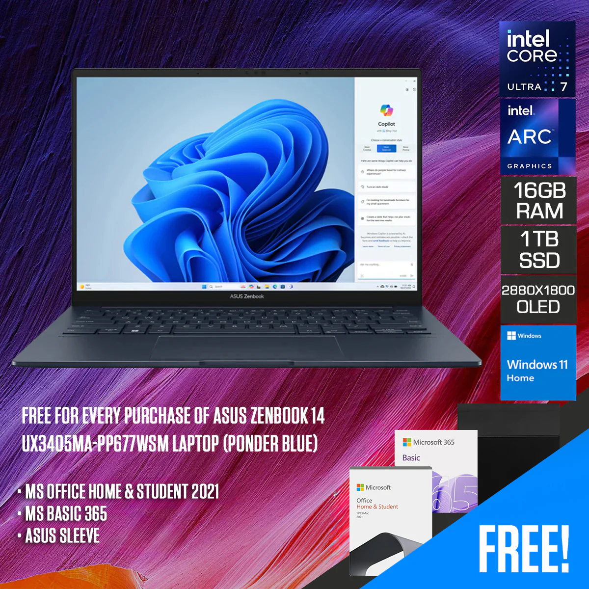 Asus Zenbook 14 UX3405MA-PP677WSM Laptop (Ponder Blue) | 14" 3K (2880x1800) OLED 120Hz | Ultra 7 155H | 1TB SSD | 16GB RAM | Intel Arc Graphics | Windows 11 Home | MS Office Home & Student 2021 + MS Basic 365 + Asus Sleeve