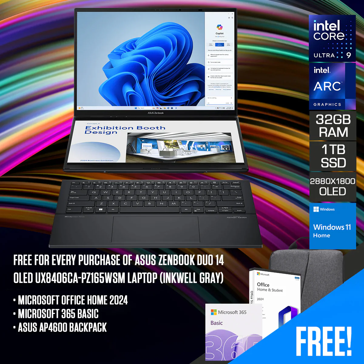 Asus Zenbook Duo 14 OLED UX8406CA-PZ165WSM Laptop (Inkwell Gray) | 14" 3K (2880x1800) | Ultra 9 285H | 32GB RAM | 1TB SSD | Intel Arc Graphics | Windows 11 Home | MS Office Home & Student 2024 + MS 365 Basic + Asus AP4600 Backpack