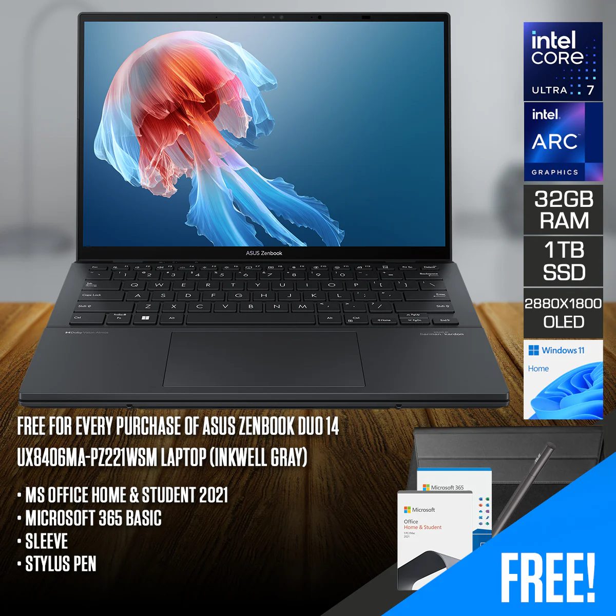 Asus Zenbook Duo 14 UX8406MA-PZ221WSM Laptop (Inkwell Gray) | Touch Screen 14" OLED | Ultra 7 155H | 32GB LPDDR5X | 1TB SSD | Intel Arc Graphics | Windows 11 Home + MS Office Home & Student 2021 + Microsoft 365 Basic + Sleeve + Stylus Pen