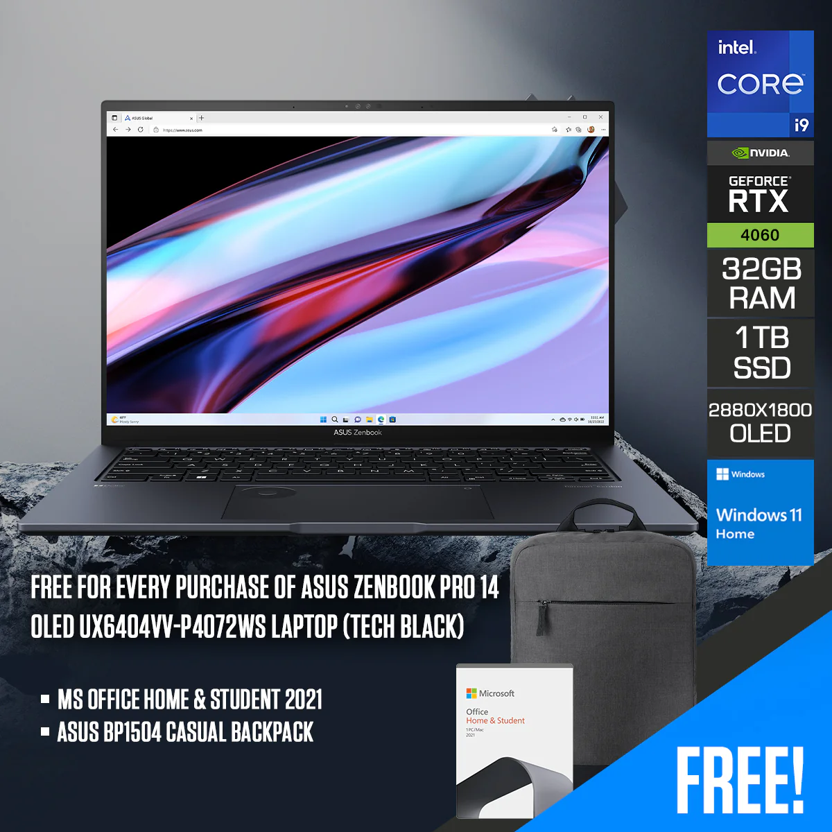 Asus Zenbook Pro 14 OLED UX6404VV-P4072WS Laptop (Tech Black) | 14.5" WQXGA (2880x1800) OLED | i9 13900H | 32GB RAM | RTX 4060 | 1TB SSD | Windows 11 Home | MS Office Home & Student 2021 | Asus BP1504 Casual Backpack