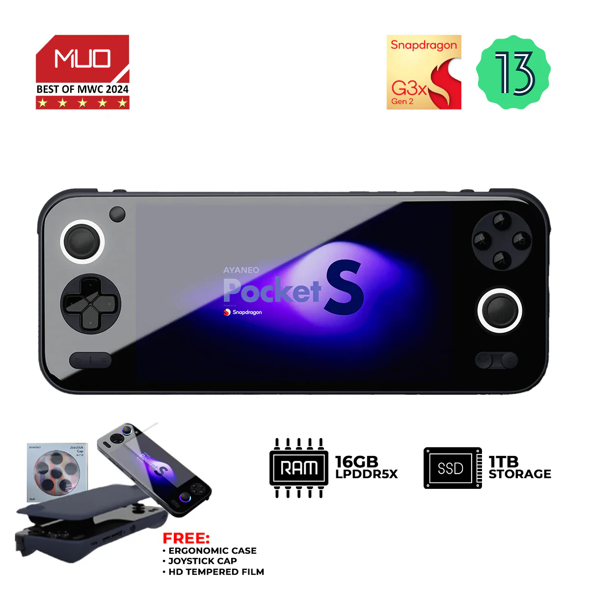 Ayaneo Pocket S Qualcomm Snapdragon G3x Gen2 16GB+1TB w/ MicroSD Port 6" 1080p Borderless IPS Mirror Screen Android Handheld Gaming Console (Obsidian Black) w/ Free Ayaneo Pocket S Ergonomic Case, Pocket S Joystick Cap & Pocket S HD Tempered Film