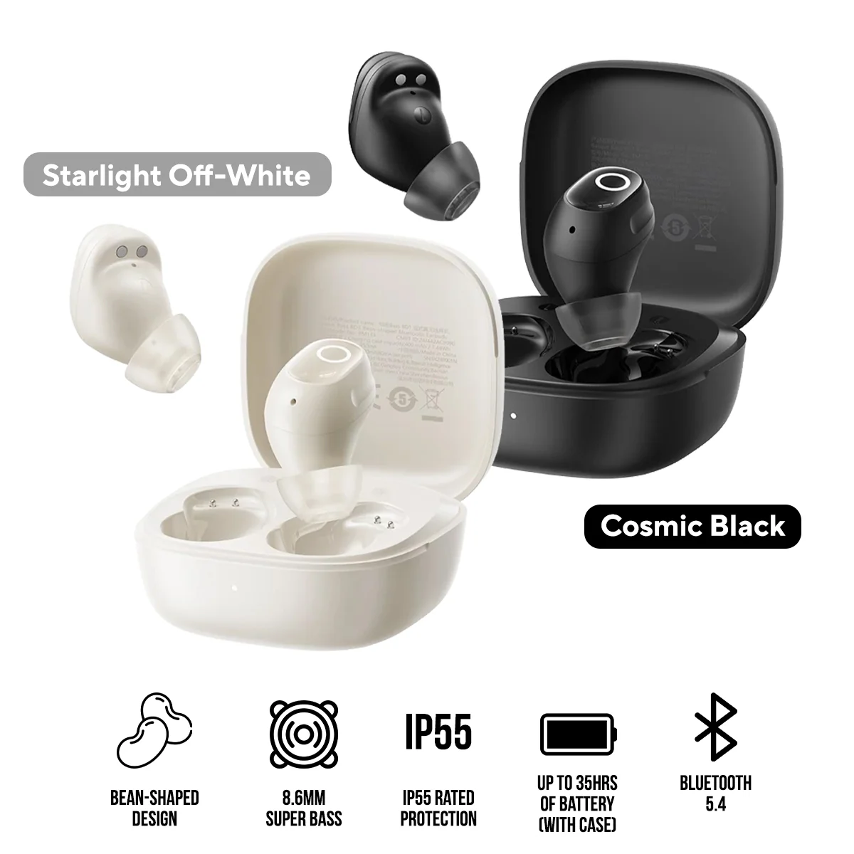 Baseus Bass BD1 Bean-Shaped True Wireless Earbuds (Cosmic Black, Starlight Off-White) (A00084601123-Z1, A00084601233-Z1)