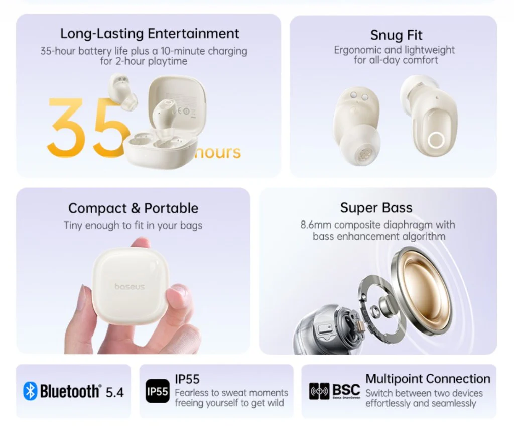 Baseus Bass BD1 Bean-Shaped True Wireless Earbuds (Cosmic Black, Starlight Off-White) (A00084601123-Z1, A00084601233-Z1) - Image 5
