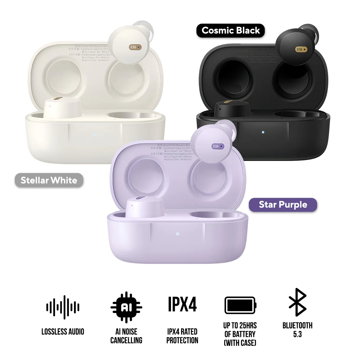 Baseus Bowie E18 True Wireless Earphone (Cosmic Black, Star Purple, Stellar White) (A00023800123-00, A00023800533-00, A00023800223-00)