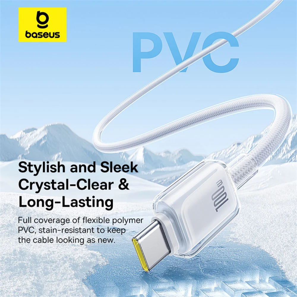 Baseus Crystal Fast Charging Data Cable USB-A to USB-C 100W (Moon White) (1M , 2M) - Image 12