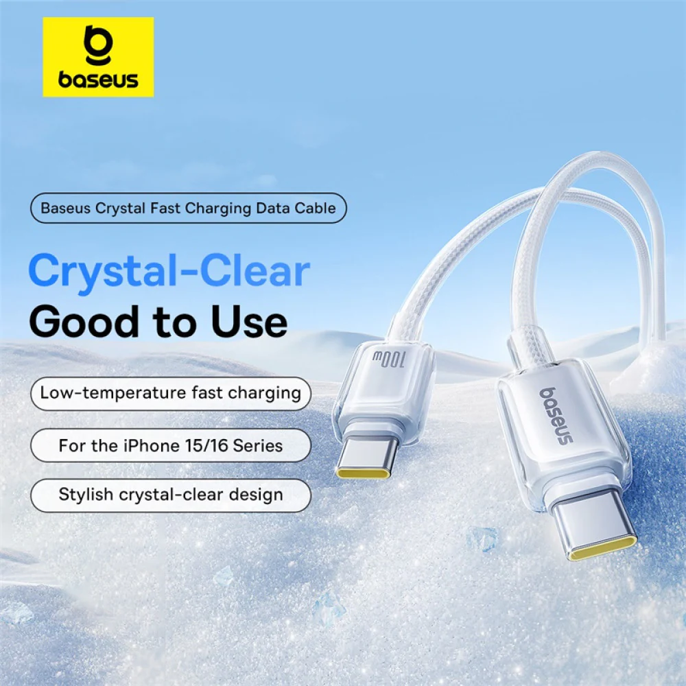Baseus Crystal Fast Charging Data Cable USB-A to USB-C 100W (Moon White) (1M , 2M) - Image 8