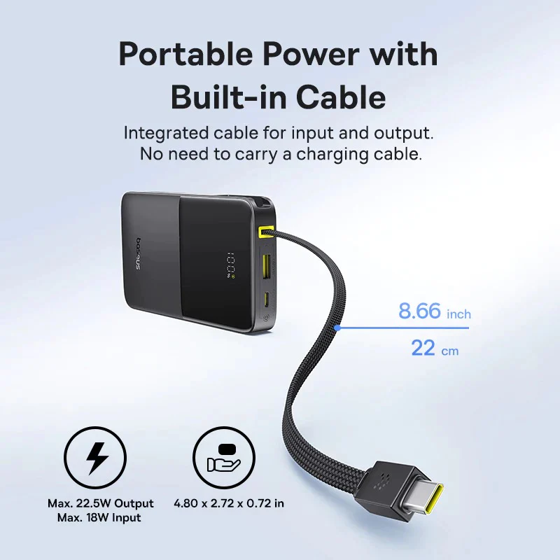 Baseus EnerFill FC51 Bipow 2 Pro Digital Display Power Bank with Built-in Cable 10000mAh 22.5W (Cosmic Black, Moon White) - Image 10