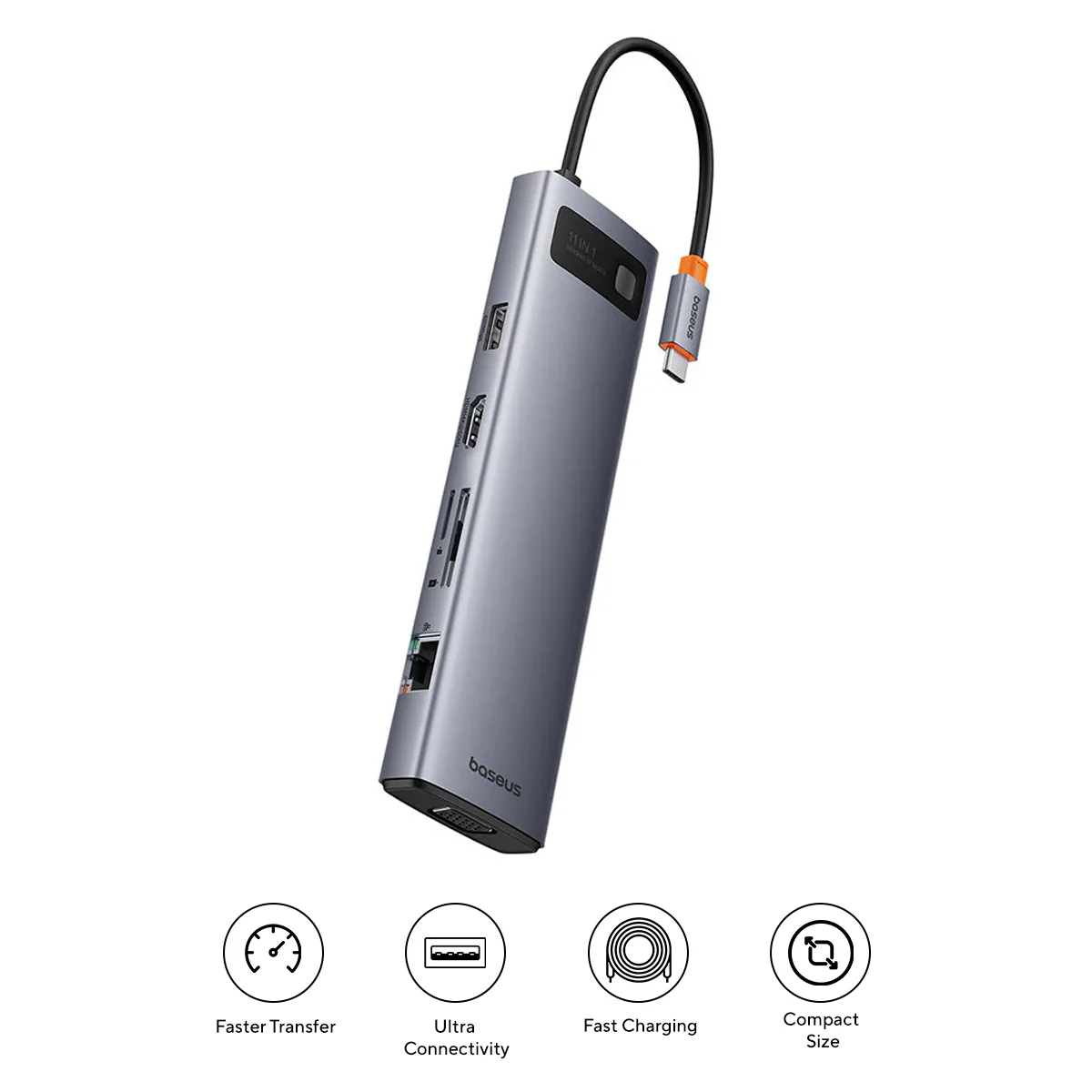 Baseus Metal Gleam Series 11-Port Hub USB-C to HDMI 4K@60Hz + VGA + 3xUSB 3.0 + USB 2.0 + USB-C PD + RJ45 + SD/TF + 3.5mm (Space Grey) (B00030709811-00)