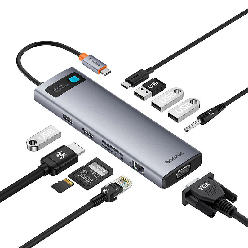 Baseus Metal Gleam Series 11-Port Hub USB-C to HDMI 4K@60Hz + VGA + 3xUSB 3.0 + USB 2.0 + USB-C PD + RJ45 + SD/TF + 3.5mm (Space Grey) (B00030709811-00) - Image 3