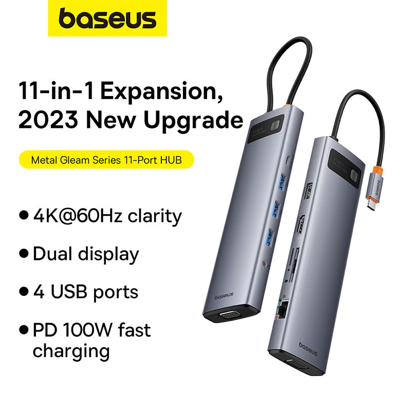 Baseus Metal Gleam Series 11-Port Hub USB-C to HDMI 4K@60Hz + VGA + 3xUSB 3.0 + USB 2.0 + USB-C PD + RJ45 + SD/TF + 3.5mm (Space Grey) (B00030709811-00) - Image 6