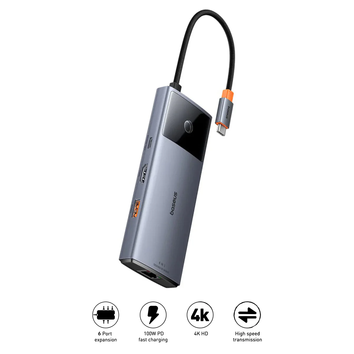 Baseus Metal Gleam Series II 6-Port Hub USB-C to HDMI 4K@60Hz + USB-C + 2xUSB-A + RJ45 + PD (Space Grey) (B00061802813-00)