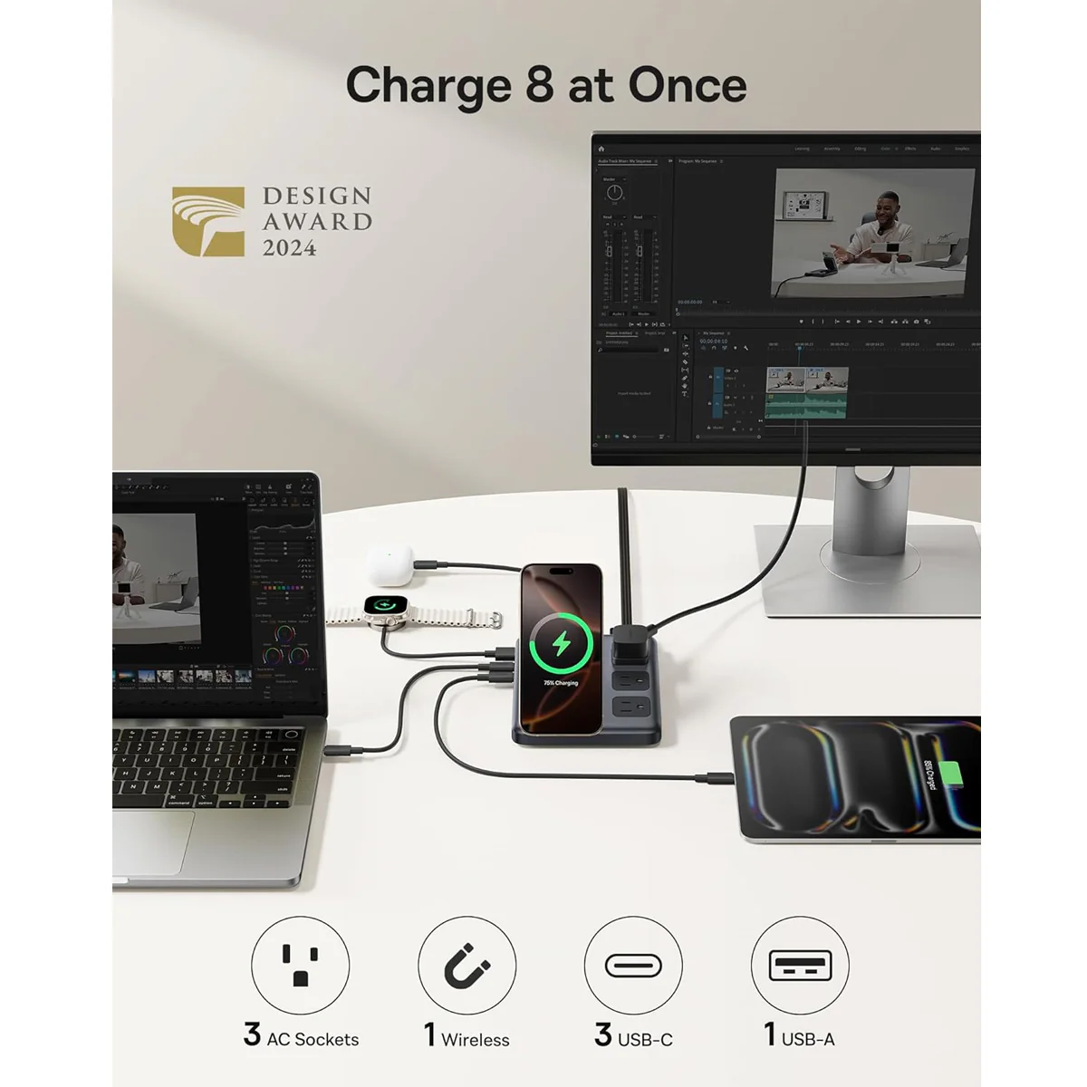 Baseus Nomos 8-in-1 Slim Charging Station Qi2 3AC+1U+3C+ Magnetic Wireless 67W 1.5m (Cosmic Black) (E00078800123-00) - Image 2