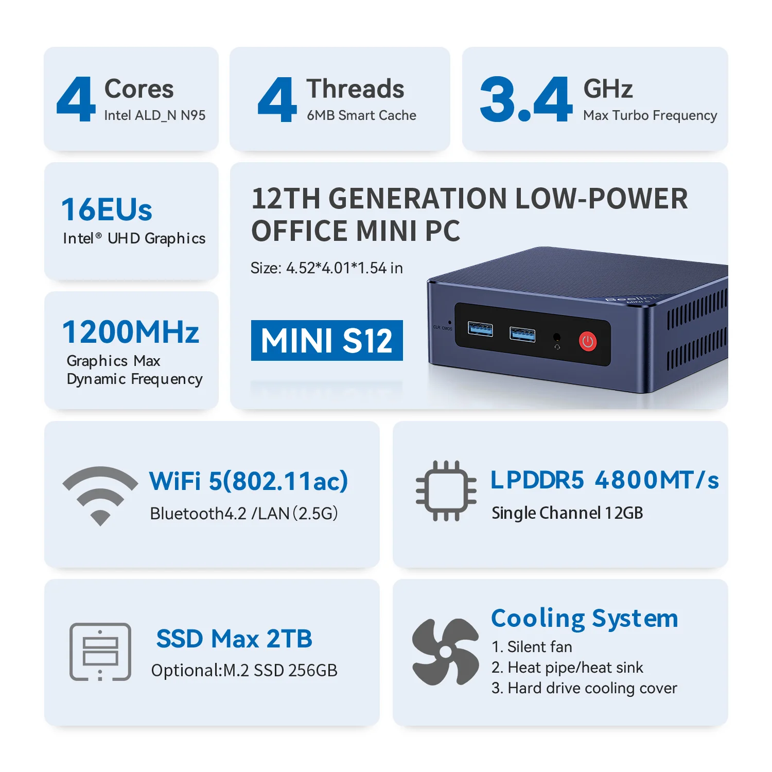 Beelink Mini S12-LP Intel N95 Processor 12GB RAM 480GB SSD Mini PC (Navy Blue) - Image 4