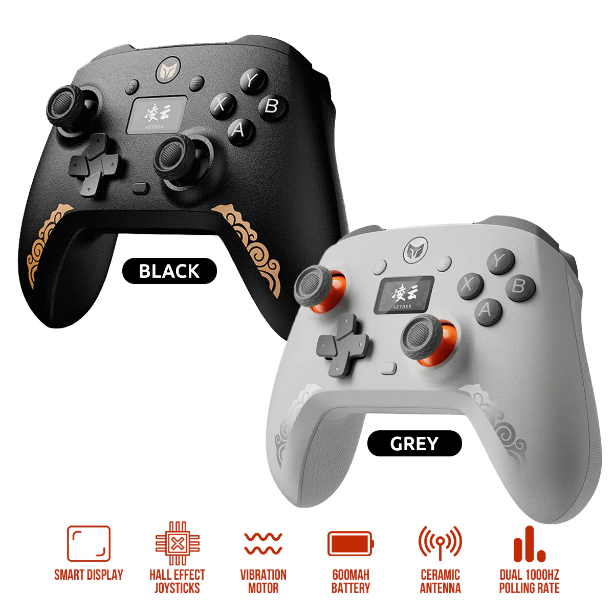 Bigbig Won Mojhon Aether Dual 1000Hz Polling Rate w/ Smart Display Hall Effect Wireless Game Controller for Switch / Win 10&11 / Android / iOS (Black, Grey)
