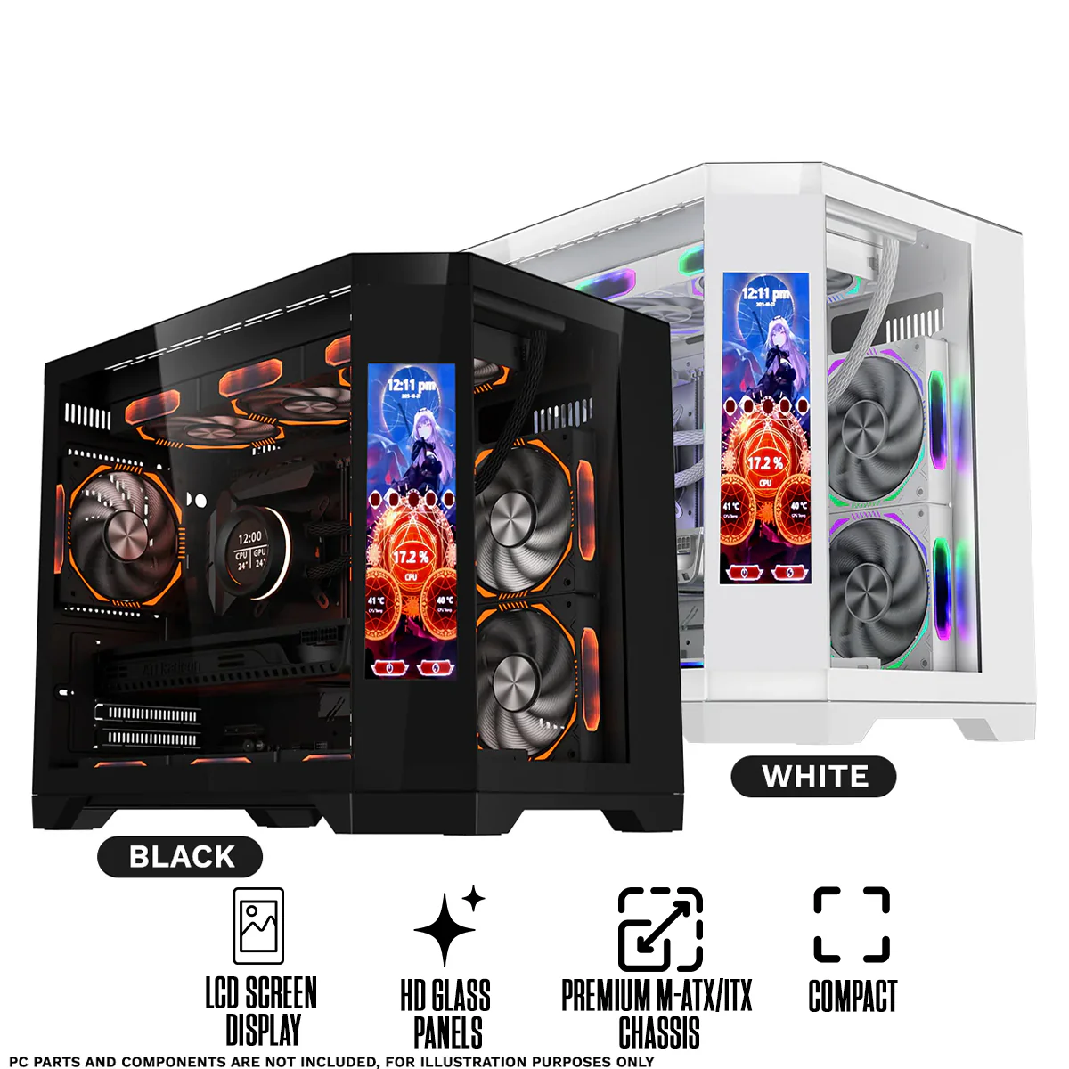 Coolman Spectra M-ATX/ITX PC Case with Customizable LCD Screen Display (Black, White)