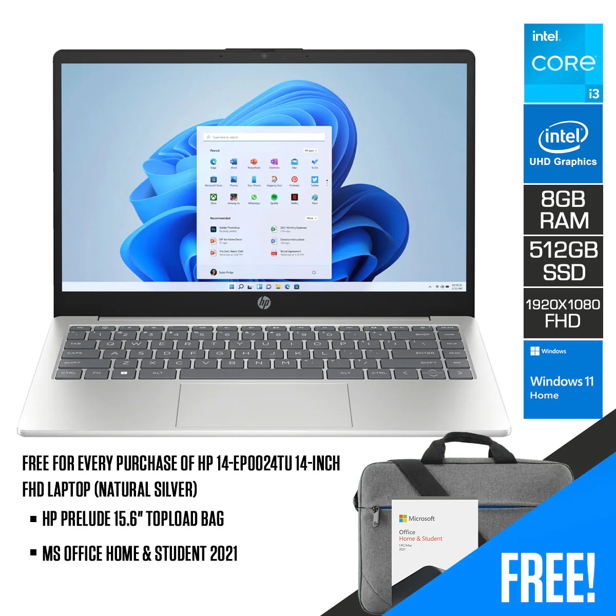 HP 14-EP0024TU Laptop (Natural Silver) | 14” FHD (1920 x 1080) | Intel Core i3 N305 | 8GB DDR4 | 512GB SSD | Intel UHD Graphics | Windows 11 Home | MS Office Home & Student 2021 | HP Prelude 15.6" Topload Bag