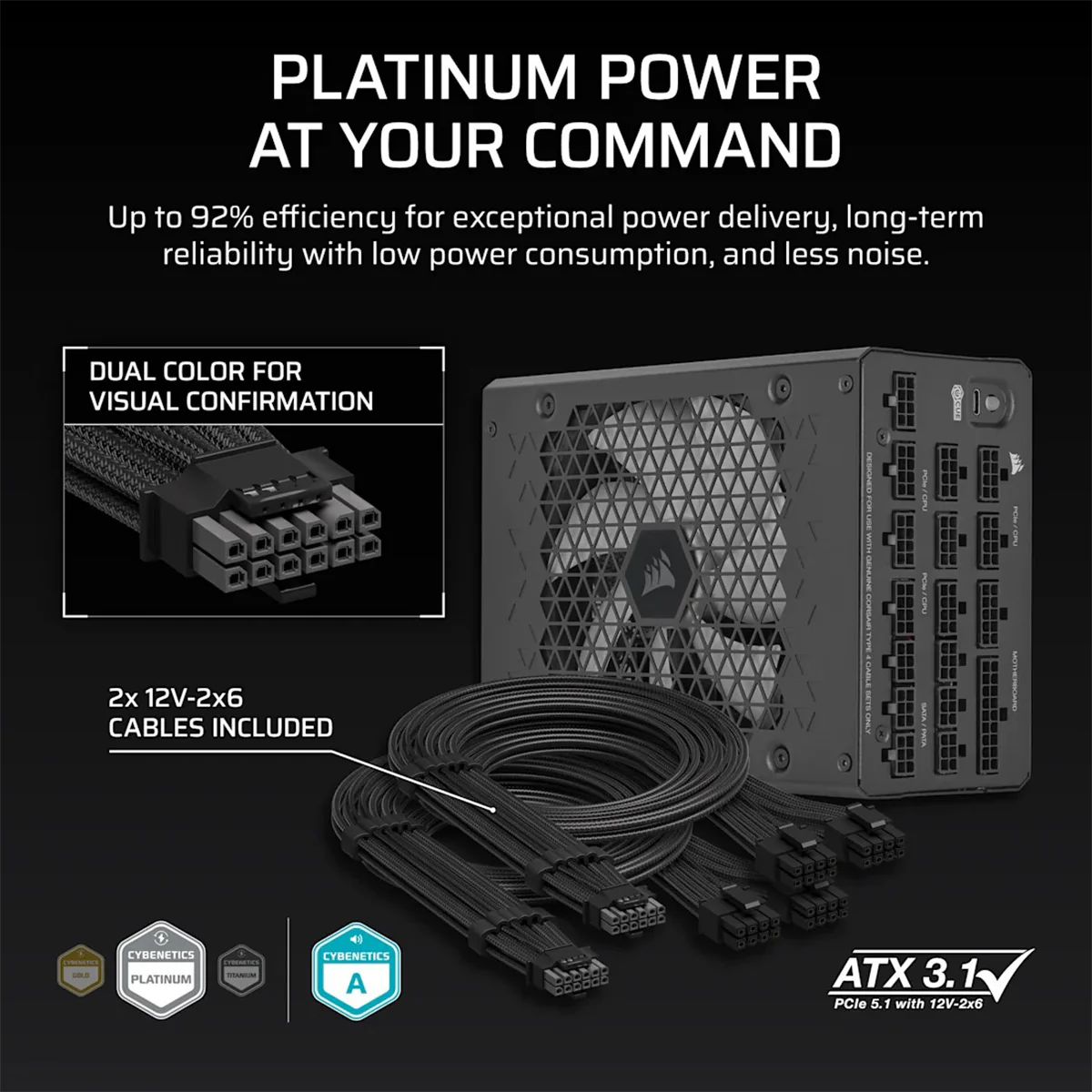 Corsair HXI Series HX1200i 1200W ATX Cybentics Platinum Ultra-Low Noise Fully Modular Power Supply (CP-9020307-NA) - Image 7