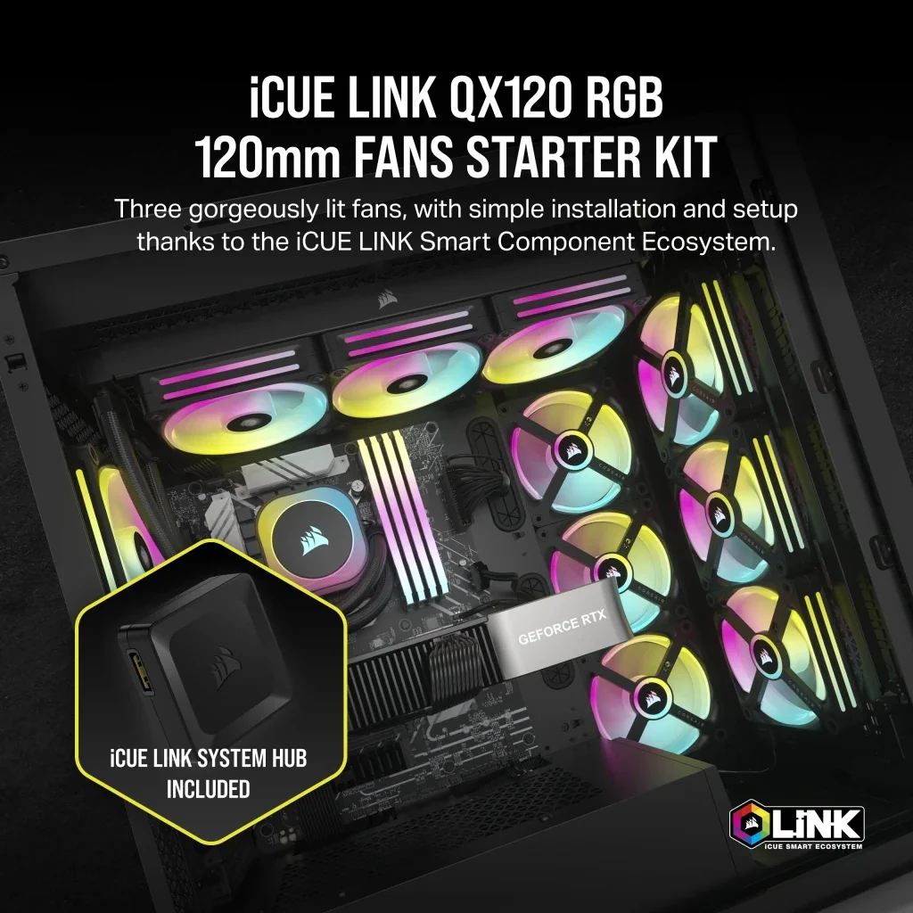 Corsair iCUE Link QX120 RGB 120mm PWM PC Fans Starter Kit With iCUE Link System Hub (Black) (Triple Pack) - Image 6